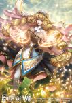  1girl artist_name blonde_hair blue_eyes braid clouds copyright_name covered_navel day flower force_of_will grass leaf long_hair magic_circle official_art sky solo sparkle tajima_yukie twin_braids veil 