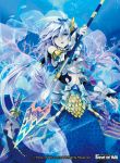  1girl armor blue_eyes braid bubble center_opening copyright_name coral fish force_of_will grey_hair head_fins helmet long_hair mermaid monster_girl natsuiro_xx official_art open_mouth polearm solo spear teeth underwater weapon 