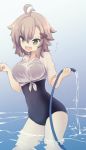  &gt;:d 1girl :d ahoge bangs breasts brown_hair cowboy_shot eyebrows_visible_through_hair fang green_eyes hair_between_eyes hair_ornament hairclip hands_up holding holding_hose hose large_breasts natsuki_teru nekomiya_ryuu one-piece_swimsuit open_mouth original see-through shirt short_hair short_sleeves smile solo swimsuit thighs tied_shirt v-neck wading white_shirt 