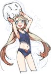  1girl :d absurdres arms_up blonde_hair blue_eyes character_request commentary copyright_request cowboy_shot cropped_legs highres long_hair looking_at_viewer low_twintails navel navel_cutout one-piece_swimsuit open_mouth petite sketch smile solo swimsuit twintails very_long_hair wntame 