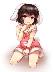  1girl :3 alternate_costume animal_ears bangs bunny_tail bushi_(1622035441) carrot_necklace dress full_body highres inaba_tewi jewelry kneeling looking_at_viewer necklace off_shoulder pink_dress pocket rabbit_ears red_eyes shadow short_dress short_hair simple_background smile socks solo tail touhou white_background white_legwear wristband 