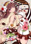  1girl 2016 ass breasts brown_hair cherry cookie flower food fruit hair_ornament hairband long_hair looking_at_viewer looking_back medium_breasts new_year ninomoto original pastry personification pink_eyes sideboob smile solo whipped_cream 