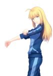  1girl absurdres ahoge artoria_pendragon_lancer_(fate/grand_order) bangs blonde_hair blue_jacket blue_pants breasts cosplay cowboy_shot eyebrows_visible_through_hair fate/grand_order fate_(series) fateline_alpha from_side green_eyes highres idolmaster idolmaster_cinderella_girls jacket long_hair long_sleeves looking_at_viewer medium_breasts pants parted_lips saber shibuya_rin shibuya_rin_(cosplay) sidelocks simple_background solo standing teeth track_pants track_suit white_background 