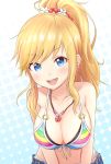  1girl absurdres bikini_top blonde_hair blue_eyes blush breasts cleavage collarbone hair_ornament highres idolmaster idolmaster_cinderella_girls idolmaster_cinderella_girls_starlight_stage jewelry large_breasts long_hair looking_at_viewer navel necklace ootsuki_yui open_mouth ponytail smile solo swimsuit 
