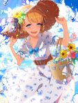  1girl :d absurdres arm_ribbon bag bangs belt belt_buckle black_ribbon blonde_hair blue_bow blue_bowtie blue_eyes blue_ribbon blue_sky blunt_bangs blush bow bowtie brown_belt buckle clouds cloudy_sky commentary_request cowboy_shot day dress earrings eyebrows_visible_through_hair fingernails flower food fruit gari_(apollonica) grapes hair_ornament hair_ribbon hair_rings handbag hands_on_headwear hat hat_flower hat_ribbon hibiscus highres jewelry leaf open_mouth original outdoors print_dress puffy_short_sleeves puffy_sleeves ribbon short_hair short_sleeves side_braids sidelocks sky smile solo standing straw_hat striped striped_ribbon stud_earrings sun_hat sunflower teeth tongue upper_teeth water_drop white_dress yellow_flower 