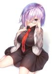  1girl black_dress breasts dress fate/grand_order fate_(series) from_above glasses grey_jacket hair_over_one_eye highres hood hoodie impossible_clothes large_breasts long_sleeves looking_at_viewer necktie ntk_(7t5) purple_hair red_necktie shadow shielder_(fate/grand_order) simple_background sitting smile solo violet_eyes wariza white_background 