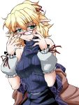  1girl :/ alternate_costume arm_warmers bangs bare_shoulders bespectacled blonde_hair blush breasts fingernails glasses green_eyes large_breasts long_fingernails looking_at_viewer mizuhashi_parsee ootsuki_wataru pointy_ears ribbed_sweater sharp_fingernails short_hair sleeveless sleeveless_turtleneck solo sweater touhou turtleneck 