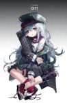  1girl ainy77 assault_rifle character_name copyright_name flat_cap full_body g11 g11_(girls_frontline) girls_frontline green_hat gun hat highres jacket long_hair looking_at_viewer red_shoes rifle shoes silver_hair sneakers solo untied_shoes very_long_hair weapon 