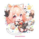  1boy animal_ears boots cat_ears cat_paws cat_tail chibi fang fate/apocrypha fate/grand_order fate_(series) garter_straps hair_ribbon long_hair open_mouth paws ribbon rider_of_black suzuho_hotaru tail 