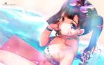  1girl bikini bracelet brown_eyes brown_hair candy choker d.va_(overwatch) earrings facepaint facial_mark food heco_(mama) jewelry lollipop long_hair looking_at_viewer looking_up mouth_hold overwatch solo sunglasses sunglasses_on_head swimsuit twintails whisker_markings 