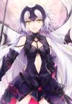  1girl armor bangs bare_shoulders black_capelet black_gloves black_leotard breasts capelet chains choker cleavage clouds commentary_request cowboy_shot elbow_gloves eyebrows_visible_through_hair fate/grand_order fate_(series) faulds flag fur_trim gauntlets gloves grin headpiece hsiao jeanne_alter leotard long_hair looking_at_viewer medium_breasts navel navel_cutout ruler_(fate/apocrypha) silver_hair smile solo sparkle teeth thigh-highs very_long_hair yellow_eyes 