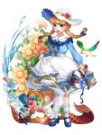  1girl :d antweiyi basket bird black_shoes blue_dress blue_eyes bluebird bow braid dress flower hair_bow hat hat_flower highres looking_at_viewer open_mouth shoes skirt_hold smile socks solo standing twin_braids water watering_can white_hat white_legwear 