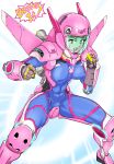  1girl abs acronym adapted_costume animal_print armor blue_bodysuit blue_sky bodysuit breasts brown_eyes brown_hair bunny_print chichipaechichipapa clenched_hands commentary_request covered_navel crotch_plate d.va_(overwatch) emblem english erect_nipples exoskeleton facepaint facial_mark fighting_stance flying glowing glowing_hand helmet henshin highres jetpack looking_at_viewer medium_breasts meka_(overwatch) open_mouth outdoors overwatch pilot_suit pink_lips power_armor ribbed_bodysuit shoulder_pads shouting skin_tight sky smile solo transformation whisker_markings 