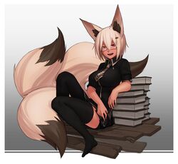  1girl absurdres animal_ears black_legwear black_shirt blonde_hair book book_stack fox_ears fox_tail glasses hair_ornament hairclip highres kitsune less looking_at_viewer multiple_tails necktie no_shoes open_mouth original pen pink_eyes semi-rimless_glasses shirt short_hair sitting skirt solo tail thigh-highs under-rim_glasses 