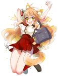  1girl animal_ears bag fate/extra fate/extra_ccc fate/extra_ccc_fox_tail fate_(series) fox_ears fox_tail highres holding holding_sword holding_weapon izumi_rei long_hair orange_eyes orange_hair red_skirt school_bag scrunchie sheath skirt suzuka_gozen_(fate) sword tail weapon white_background wrist_scrunchie 