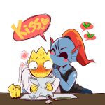  :3 ^_^ alphys ass black_tank_top blue_skin blush blush_stickers bon_(rump) closed_eye closed_eyes cup denim desk eraser eyepatch glasses hand_on_another&#039;s_shoulder head_fins head_kiss jeans labcoat leaning_forward monster_girl open_eyes pants paper pencil ponytail redhead surprised tank_top undertale undyne yellow_sclera yellow_skin yuri 
