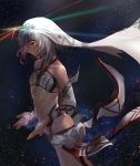  1girl altera_(fate) ass bare_shoulders black_nails dark_skin detached_sleeves fate/extella fate/extra fate/grand_order fate_(series) full_body_tattoo highres looking_at_viewer midriff nail_polish nuda red_eyes revealing_clothes short_hair solo space tattoo veil white_hair 