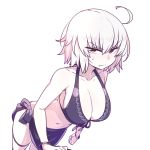  1girl ahoge bangs bikini black_bikini blush breasts chan_co cleavage closed_mouth collarbone eyebrows_visible_through_hair fate/grand_order fate_(series) front-tie_bikini front-tie_top hair_between_eyes jeanne_alter large_breasts looking_at_viewer navel nose_blush ruler_(fate/apocrypha) sarong short_hair side-tie_bikini simple_background solo sweatdrop swimsuit thigh_strap white_background white_hair yellow_eyes 