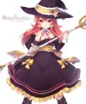  1girl bare_shoulders breasts cleavage copyright_request detached_collar detached_sleeves dress hat long_hair looking_at_viewer red_eyes redhead solo staff standing tefun_(tehun) witch_hat 