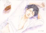  1boy alcohol arms_up black_hair bottle closed_eyes facing_viewer haru_haragi highres lying male_focus on_back original shirt signature solo traditional_media watercolor_(medium) white_shirt 