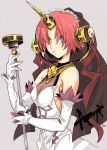  1girl berserker_of_black dress elbow_gloves fate/apocrypha fate/grand_order fate_(series) gloves hair_over_eyes highres horn mace pink_hair pout short_hair solo veil weapon white_dress white_gloves 