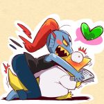  alphys ass barefoot black_tank_top blue_skin blush blush_stickers bon_(rump) denim frown head_fins heart hug hug_from_behind jeans labcoat monster_girl newspaper pants ponytail redhead spoken_heart surprised tail tank_top undertale undyne yellow_sclera yellow_skin yuri 