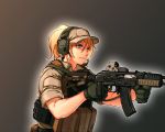  1girl assault_rifle baseball_cap blonde_hair blue_eyes eotech gloves gun hat headphones load_bearing_vest military operator original plate_armor plate_carrier ponytail ranger_(mll0101) rifle trigger_discipline vertical_foregrip weapon weapon_request 