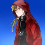  1boy alphonse_elric black_shirt blonde_hair blue_background coat conqueror_of_shambala fullmetal_alchemist hood_up long_hair looking_away ponytail red_coat riru serious shirt sky solo_focus yellow_eyes 