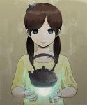  1girl brown_hair closed_mouth collarbone energy_ball floating_object light_smile lips long_hair niruri no_pupils object_on_head original shirt simple_background solo t-shirt teapot upper_body 