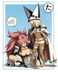  2girls baiken bangs barefoot blue_background blush breasts cape cleavage clenched_teeth closed_mouth colored_eyelashes commentary_request dark_skin dirty_feet eyebrows_visible_through_hair eyepatch flying_sweatdrops full_body guilty_gear guilty_gear_xrd hair_over_one_eye hat highres kiki_(uxoia) kneeling large_breasts long_hair multiple_girls pink_hair ramlethal_valentine revision sandals shorts small_breasts standing teeth white_cape white_hair yellow_eyes 