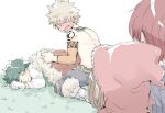  1girl 3boys angry bakugou_katsuki blush boku_no_hero_academia brown_hair closed_eyes earrings embarrassed freckles fur_trim grass green_hair hood jewelry kneeling lying machinopanda midoriya_izuku multiple_boys necklace no_pupils on_stomach open_mouth pants red_hood redhead sleeping spiky_hair sweatdrop tattoo todoroki_shouto topless uraraka_ochako 