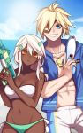  1boy 1girl abs bare_chest beach bikini blonde_hair dark_skin eyepatch grin guilty_gear guilty_gear_xrd jewelry kirke looking_at_viewer necklace outdoors ramlethal_valentine sin_kiske smile swimsuit tan water_gun white_hair 