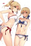  2girls armpit_peek arms_behind_back ass bangs bare_arms bare_shoulders beads bikini blonde_hair blue_bow blue_ribbon blush bow bow_bikini braid breasts collarbone cowboy_shot eyebrows_visible_through_hair fate/apocrypha fate/stay_night fate_(series) french_braid from_below gluteal_fold green_eyes grin groin hair_beads hair_ornament hair_ribbon highres long_hair looking_at_viewer looking_down medium_breasts multiple_girls navel neck_ribbon petals ponytail red_bow ribbon saber saber_of_red smile stomach swimsuit white_background white_bikini yuran_(cozyquilt) 