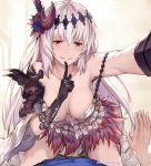  1girl arm_up armpits bangs black_gloves breasts dark_jeanne dress finger_to_mouth gloves granblue_fantasy grin hair_ornament horn jeanne_d&#039;arc_(granblue_fantasy) large_breasts lialight long_hair looking_at_viewer naughty_face red_eyes single_pauldron smile solo_focus strap_slip sweatdrop very_long_hair watermark web_address white_dress white_hair 