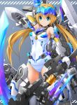  1girl aqua_eyes arm_behind_head bare_shoulders blonde_hair breasts commentary covered_navel elbow_gloves eyebrows_visible_through_hair frame_arms_girl gloves grey_background hair_between_eyes headgear highres holding holding_weapon hresvelgr long_hair looking_at_viewer mecha_musume medium_breasts school_swimsuit scythe smile solo swimsuit twintails weapon white_gloves white_school_swimsuit white_swimsuit zb 