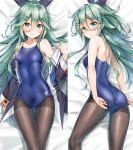  10s 1girl adjusting_clothes adjusting_swimsuit aqua_eyes aqua_hair ass bed_sheet black_legwear blush breasts closed_mouth collarbone commentary_request competition_swimsuit dakimakura dress_removed eyebrows_visible_through_hair hair_between_eyes hair_flaps hair_ornament hairclip highres kantai_collection kotatsu_(kotatsu358) long_hair long_sleeves looking_back lying multiple_views on_back on_side one-piece_swimsuit pantyhose pantyhose_under_swimsuit parted_lips shadow small_breasts swimsuit yamakaze_(kantai_collection) 