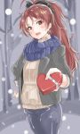  1girl absurdres ahoge alternate_costume blush chocolate fang hand_on_hip highres long_hair mahou_shoujo_madoka_magica pants ponytail red_eyes redhead sakura_kyouko scarf shignonpencil sketch snow solo sweater turtleneck valentine winter 