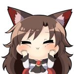  1girl animal_ears ascot bangs blush brown_hair cheek_press chibi closed_eyes closed_mouth commentary_request dress eyebrows_visible_through_hair imaizumi_kagerou long_hair long_sleeves simple_background solo touhou twumi white_background wolf_ears 