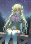  1girl breasts cleavage cleavage_cutout cross-laced_clothes elf elsword eyebrows_visible_through_hair gloves grand_archer_(elsword) green_eyes hair_ornament long_hair night night_sky octoman outdoors pointy_ears rena_(elsword) sitting skirt sky smile star star_(sky) thigh-highs tree white_legwear 