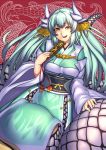  1girl aqua_hair blush breasts dragon_girl fangs fate/grand_order fate_(series) hair_ornament horns japanese_clothes kimono kiyohime_(fate/grand_order) lamia long_hair looking_at_viewer monster_girl open_mouth scales smile solo thigh-highs yellow_eyes yui_sora 