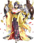  1girl arrow bare_shoulders black_hair bow_(weapon) breasts castle cleavage crown emerane fingerless_gloves full_body gloves hair_between_eyes hair_over_one_eye holding holding_bow_(weapon) holding_weapon japanese_clothes kimono large_breasts long_hair mole mole_under_eye official_art oshiro_project oshiro_project_re petals red_eyes shachihoko smile solo tamonyama_(oshiro_project) transparent_background very_long_hair weapon yuujou 