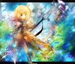  1girl armor bird blonde_hair blue_eyes colorful curly_hair gauntlets light_particles original pantyhose polearm seiko_p shoulder_pads solo spear weapon 
