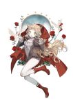  1girl absurdres bangs bird boots brown_hair cloak flower frilled_leotard frills full_body highres hood hooded_cloak juliet_sleeves leotard light_brown_hair little_red_riding_hood_(sinoalice) long_hair long_sleeves looking_at_viewer open_mouth pantyhose puffy_sleeves red_boots red_rose rose shaokao_range simple_background sinoalice smile solo teeth very_long_hair white_background white_legwear yellow_eyes 