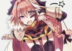  1boy braid brat cape fate/apocrypha fate/grand_order fate_(series) fur_trim garter_straps gauntlets gluteal_fold leaning_forward long_hair one_eye_closed open_mouth pink_hair rider_of_black single_braid smile thigh-highs v violet_eyes 