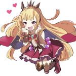  1girl :d bangs blonde_hair blush brown_legwear cagliostro_(granblue_fantasy) cape eyebrows_visible_through_hair full_body granblue_fantasy hairband heart hibiglasses jewelry long_hair open_mouth pendant pink_shoes red_skirt shoes simple_background skirt sleeveless smile solo thigh-highs very_long_hair violet_eyes white_background zettai_ryouiki 