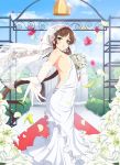  1girl balloon bare_shoulders blue_eyes bouquet bridal_veil bride brown_hair dress flat_chest flower gloves green_eyes hairband heterochromia highres long_hair looking_back official_art ryoubi_(senran_kagura) senran_kagura senran_kagura_(series) solo veil wedding_dress 