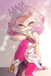 +_+ 1girl bare_shoulders blush boots crown domino_mask dress fang fingerless_gloves gloves highres honoka_(1399871) looking_at_viewer mask mole mole_under_mouth pantyhose pearl_(splatoon) pink_legwear sitting sleeveless sleeveless_dress smile solo splatoon splatoon_2 symbol-shaped_pupils tentacle_hair yellow_eyes