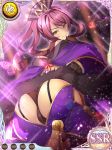  1girl bare_shoulders black_panties breasts brown_hair butterfly garter_straps gloves hair_ornament kashin kneeling koihime_musou large_breasts long_hair looking_at_viewer looking_back mole official_art panties smile solo sparkle thigh-highs underwear yellow_eyes 