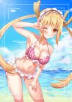  1girl beach bikini blonde_hair blush breasts brown_eyes clouds collarbone commentary_request day eyebrows_visible_through_hair frilled_bikini frills grin groin hair_between_eyes halterneck hand_on_own_thigh highres kobayashi-san_chi_no_maidragon large_breasts leaning_forward leaning_to_the_side long_hair maid_headdress navel one_eye_closed outdoors pink_bikini pupupu_(1053378452) sky smile solo standing striped striped_bikini sunlight swimsuit tooru_(maidragon) twintails v_over_eye very_long_hair viewfinder water 