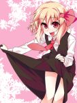  1girl black_skirt blonde_hair collared_shirt eyebrows_visible_through_hair fangs hair_ribbon leaning_forward lifted_by_self long_sleeves looking_at_viewer necktie open_mouth red_eyes red_necktie red_ribbon ribbon rumia shamo_(koumakantv) shirt skirt skirt_lift smile solo standing touhou vest wing_collar 